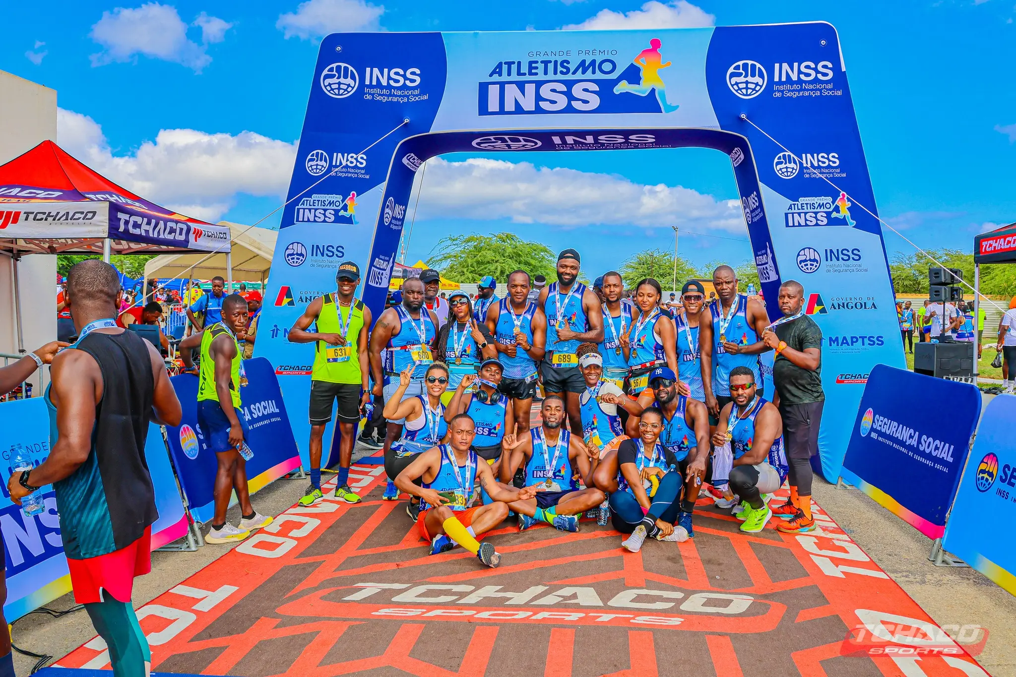 Rigid aluminum frame event arch for INSS athletics showing smooth, wrinkle-free fabric surface.